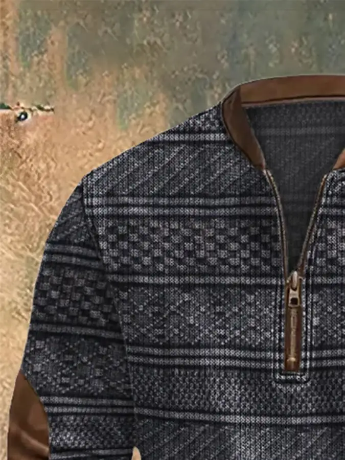 Men'S Casual 1/4 Zipper Half Stand Collar Retro Print Long Sleeve Sweatshirt