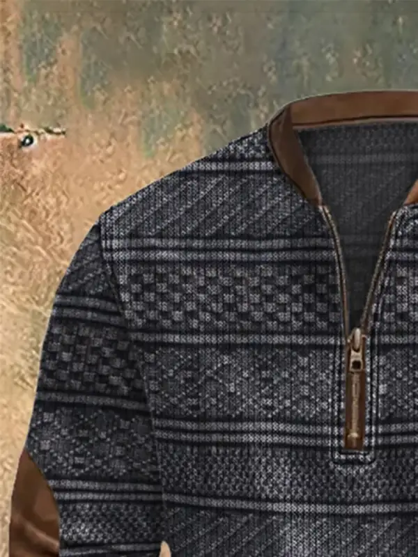 Men'S Casual 1/4 Zipper Half Stand Collar Retro Print Long Sleeve Sweatshirt