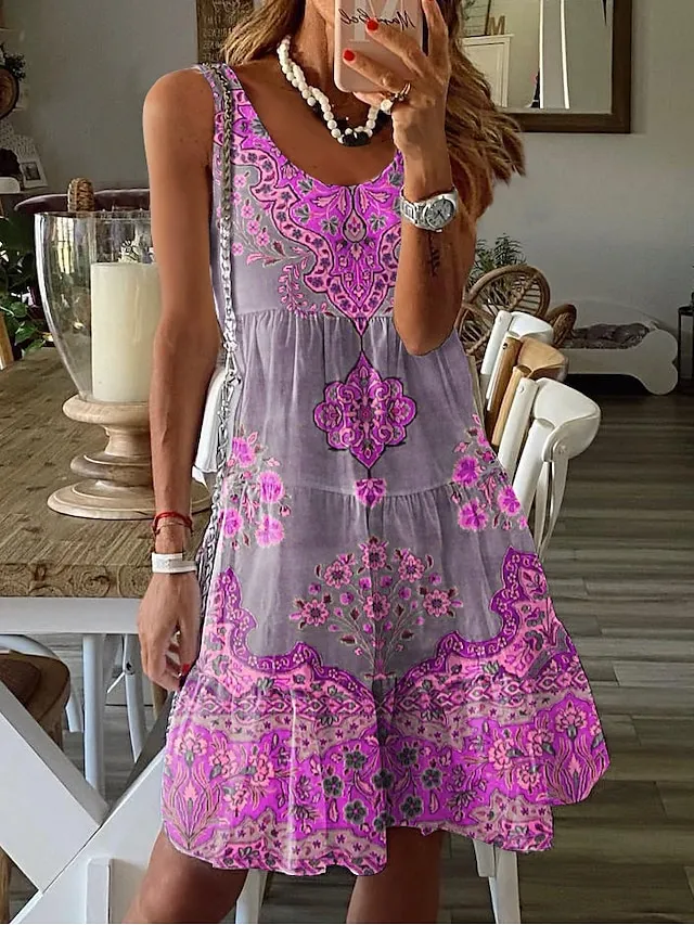 Women's Sundress Tank Dress Floral Ruched Print U Neck Midi Dress Tropical Vacation Beach Sleeveless Summer Spring
