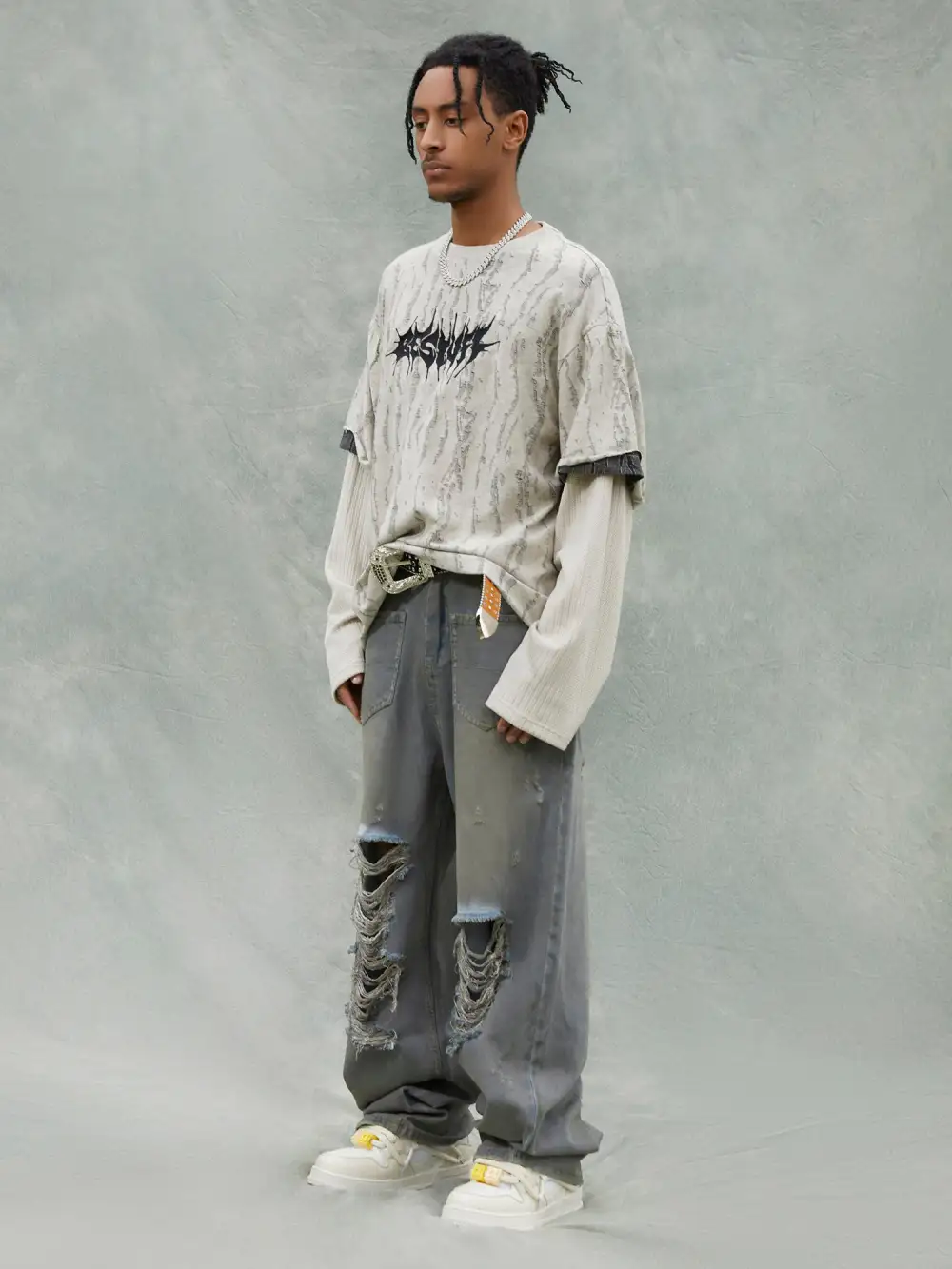 Faux Two-piece Distressed Woolen T-shirt - 2005