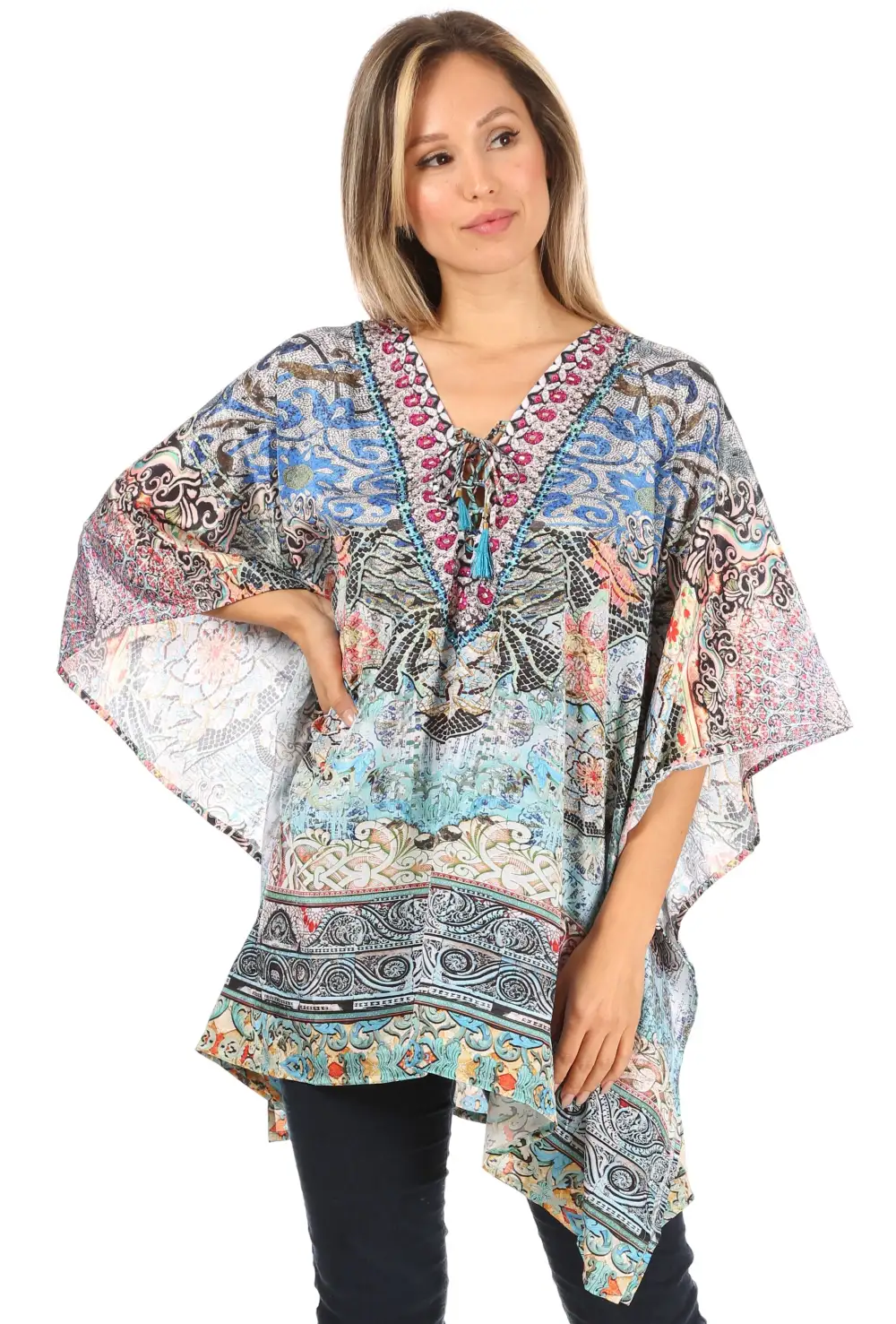Women's Caftan Poncho Cover up V neck Top Lace up With Rhinestone