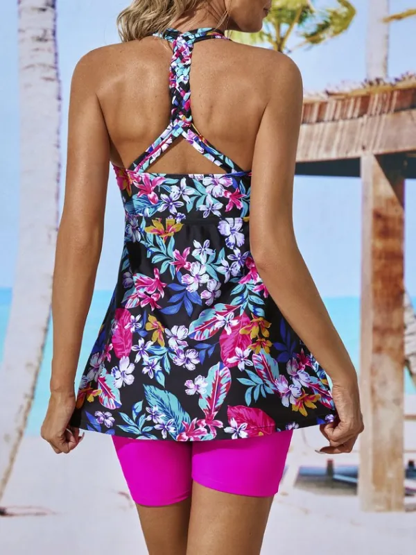 Casual Floral Printing V Neck Tankinis Two-Piece Set