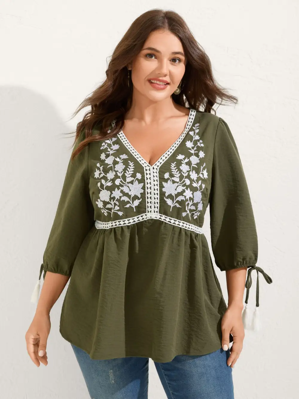 Floral Embroidery Puffy Sleeve-Tie Blouse