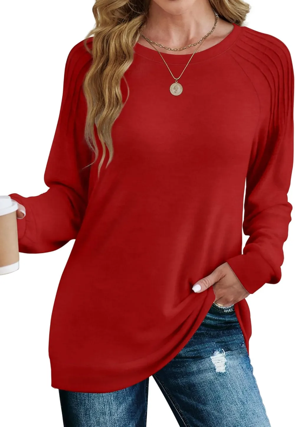 Sweatshirt for Women Crewneck Pleated Long Sleeve Shirts Tunic Tops Fashion 2024