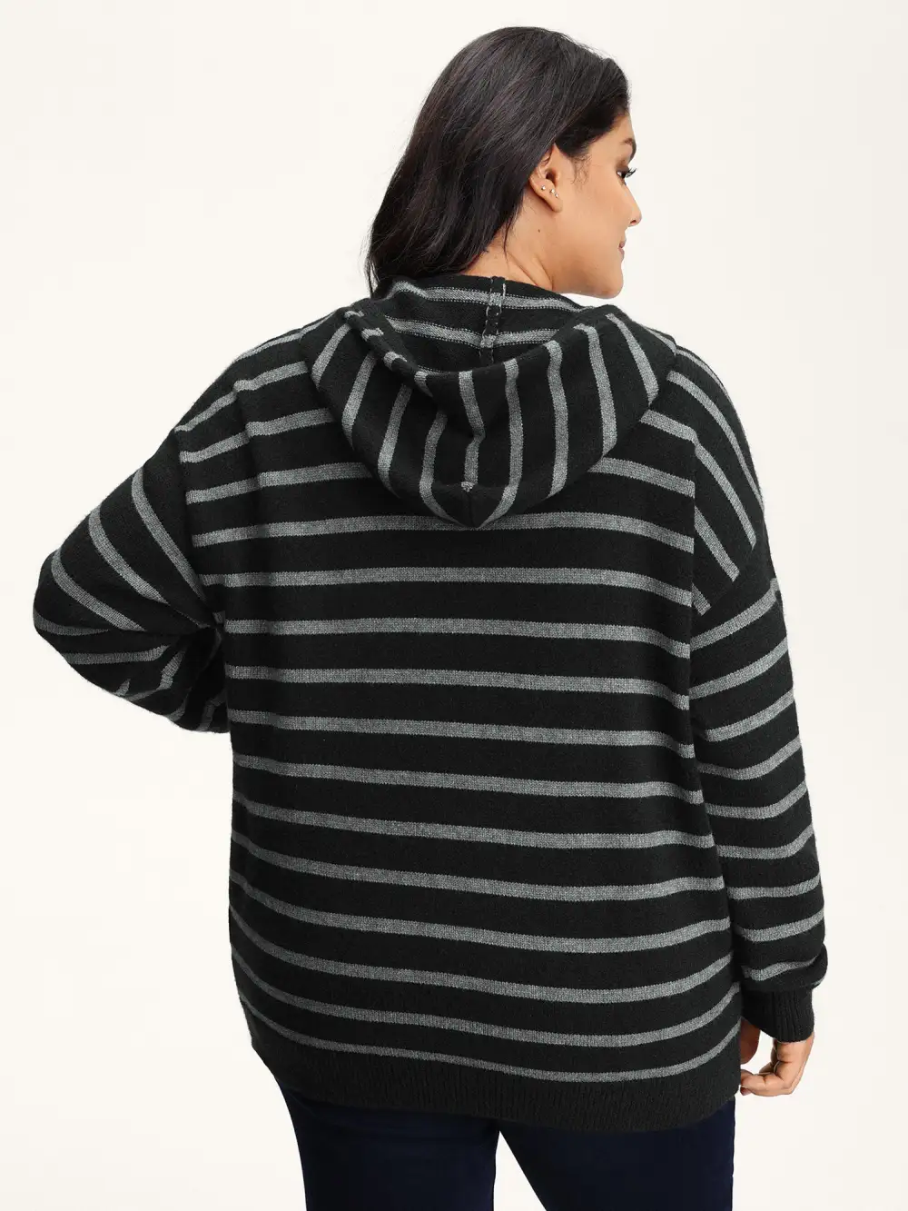 Supersoft Stripe Hooded Zipper Pockets Knit Cardigan