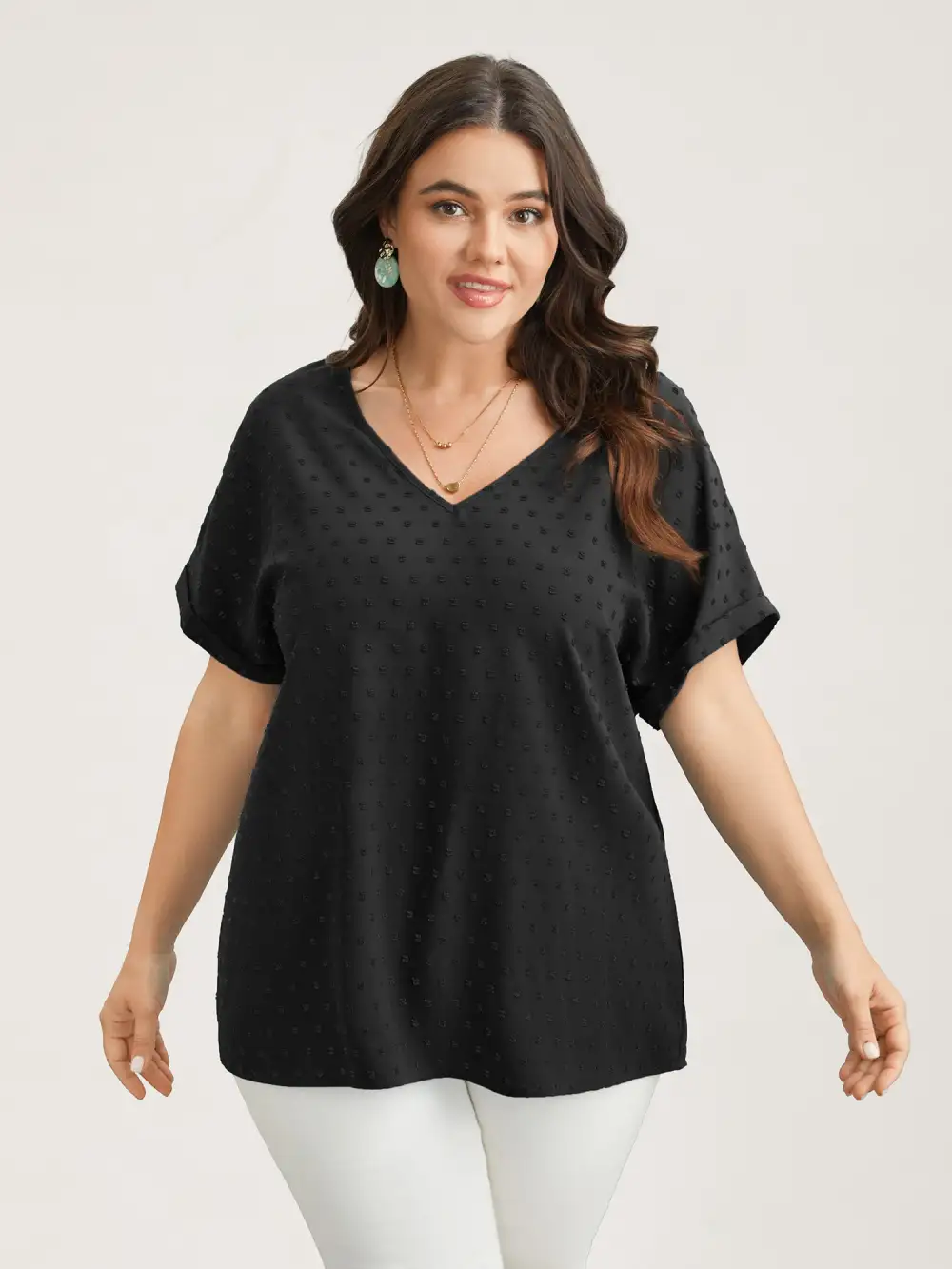 Back-Button Textured V-Neck Shirt