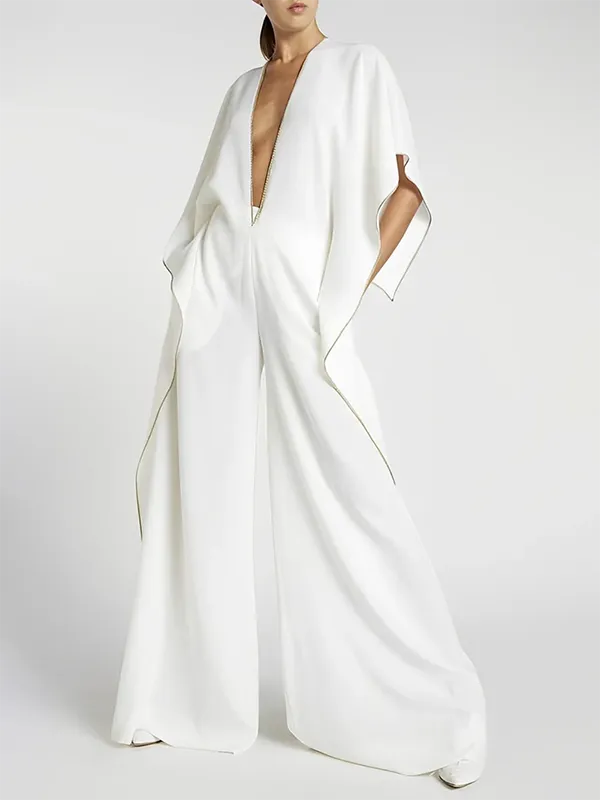 Loose Half Sleeves Solid Color Deep V-Neck Jumpsuits