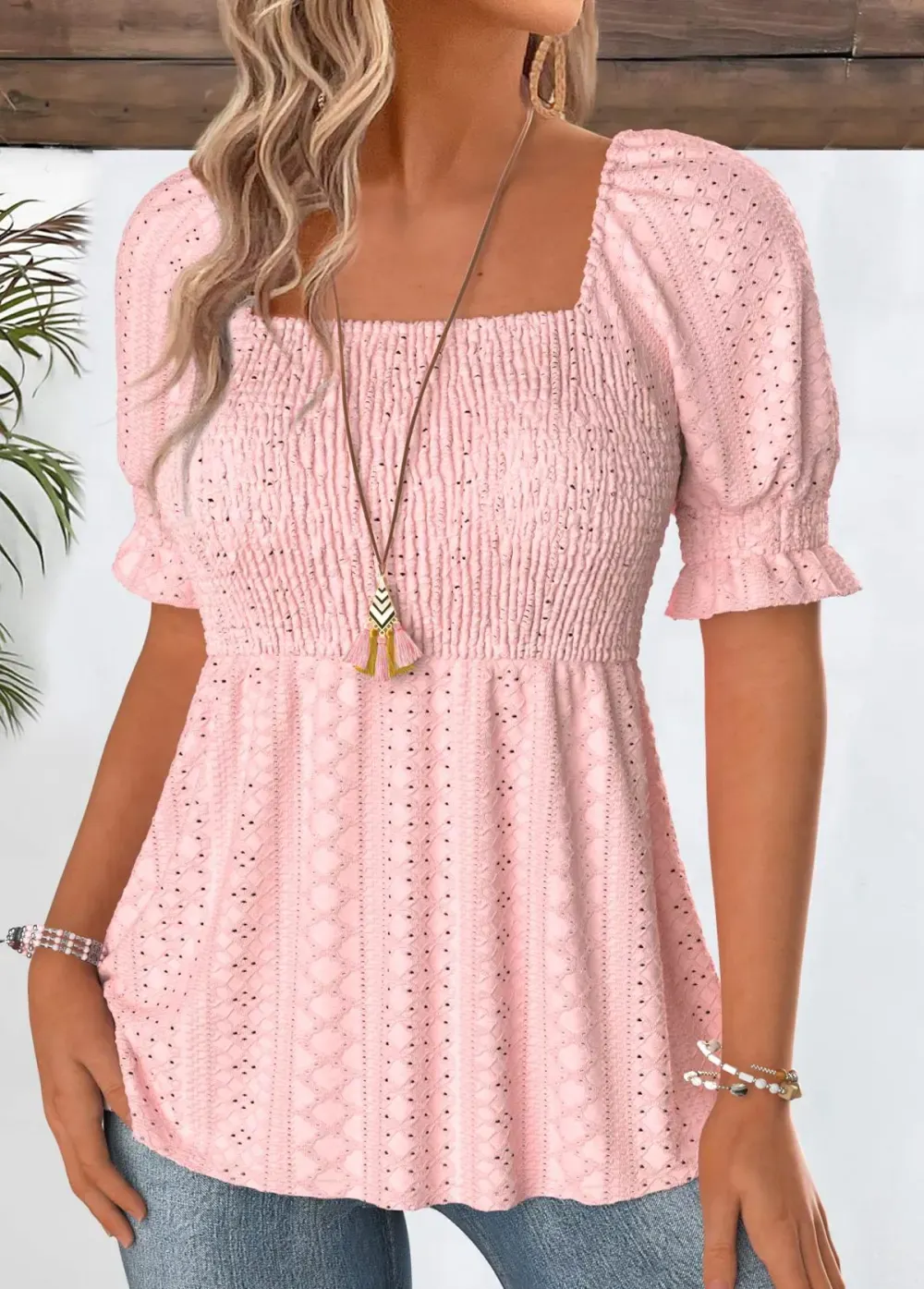 Light Pink Short Sleeve Square Neck Blouse