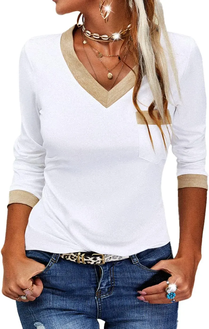 ✨Womens Long Sleeve T Shirts Casual V Neck Color Block Tunic Tops