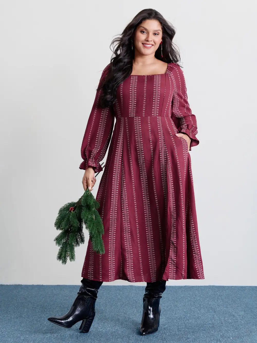 Textured Waist-Defining Square Neck Maxi Dress