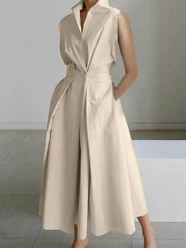 Sleeveless Solid Color Lapel Midi Dresses😊