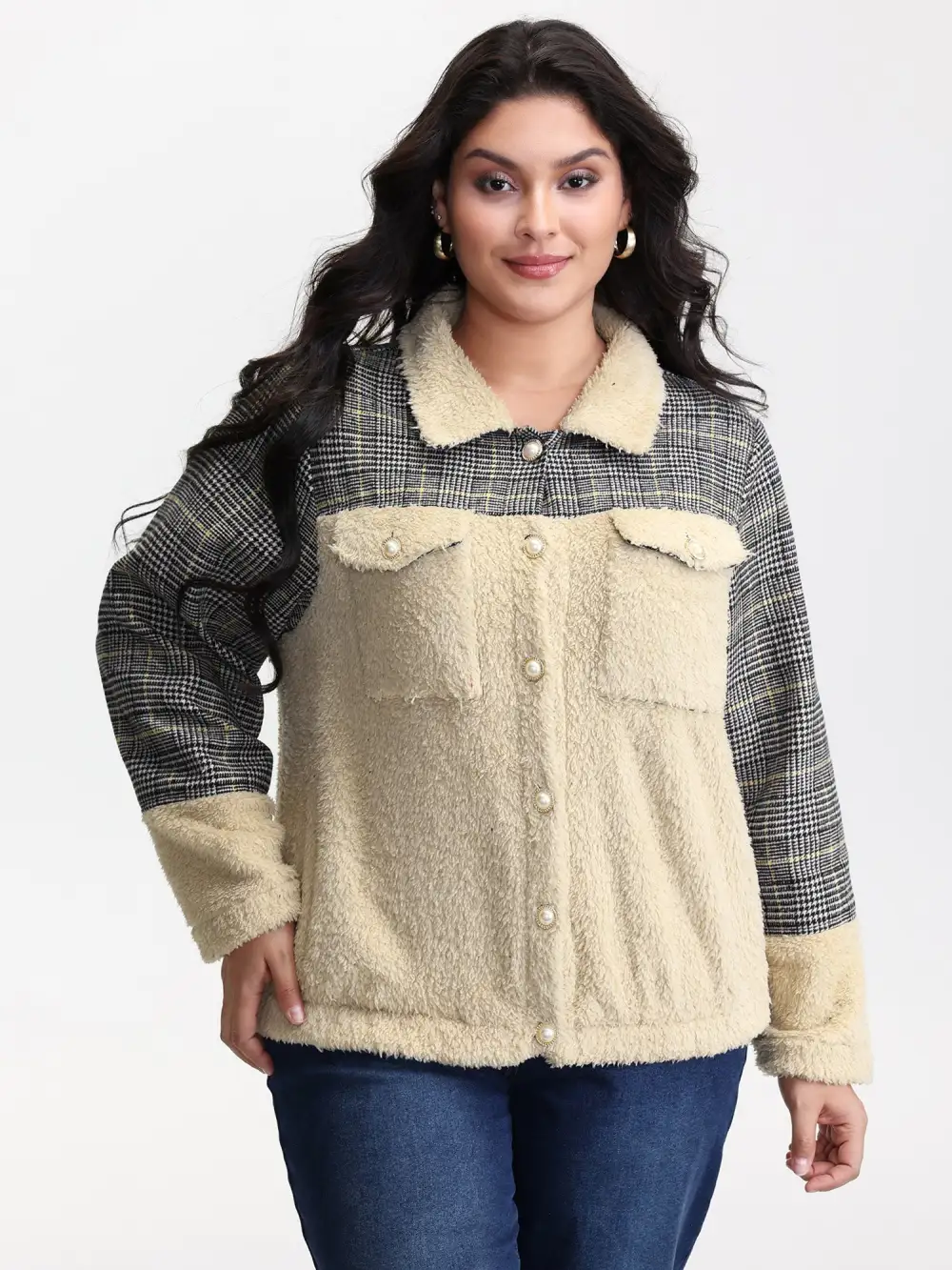 Plush Patchwork Patch Pockets Jacket
