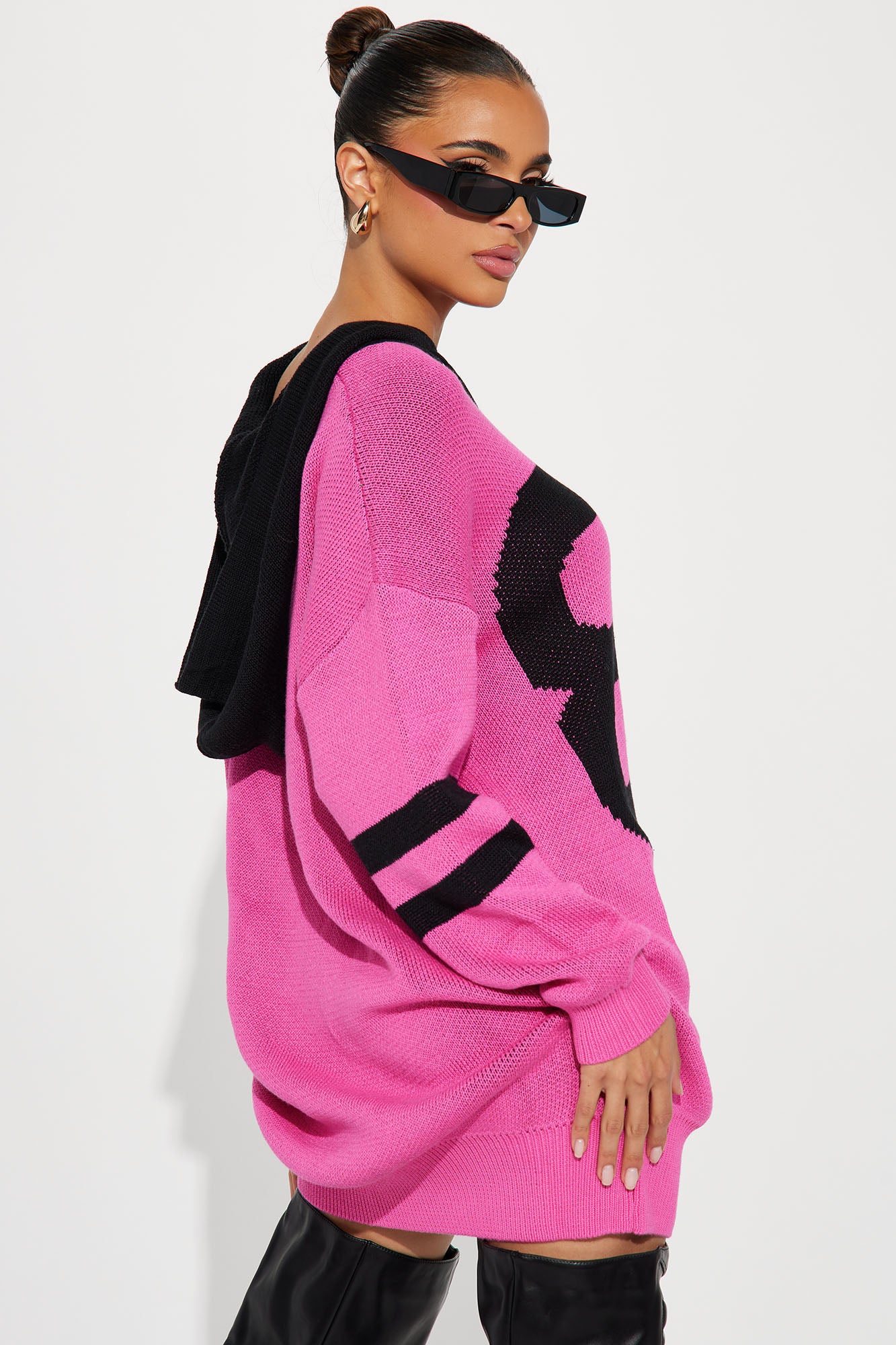 Courtney Hooded Sweater Mini Dress - Hot Pink/combo