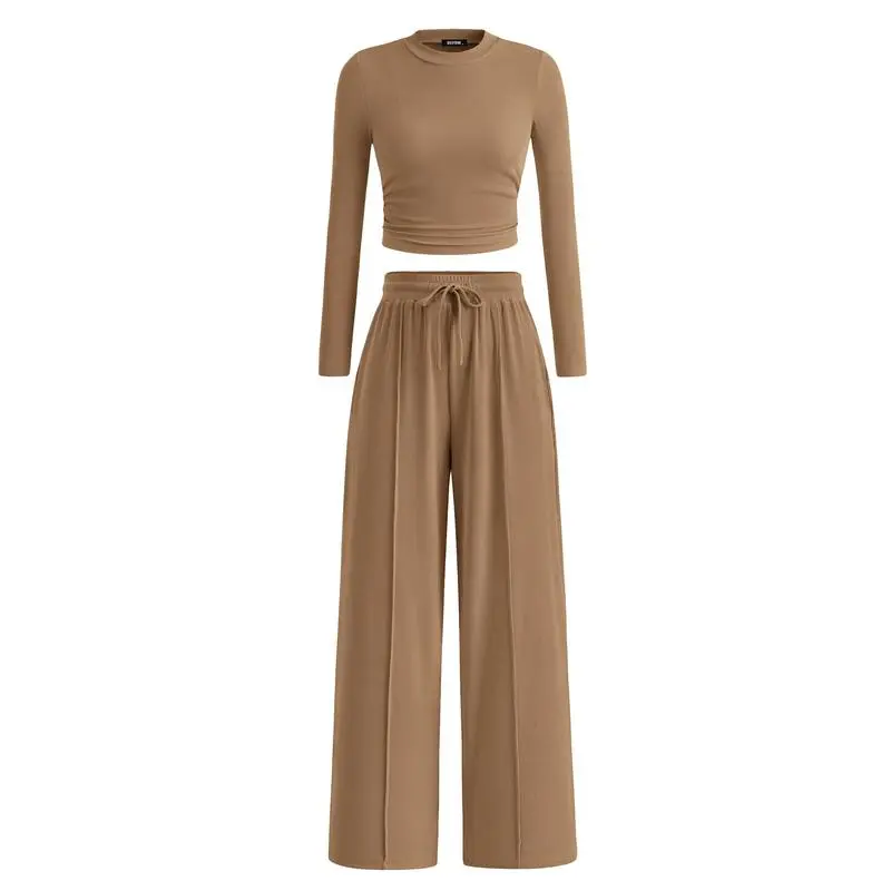 Ribbed Knit Long Sleeve Crop Top Wide Leg Pants