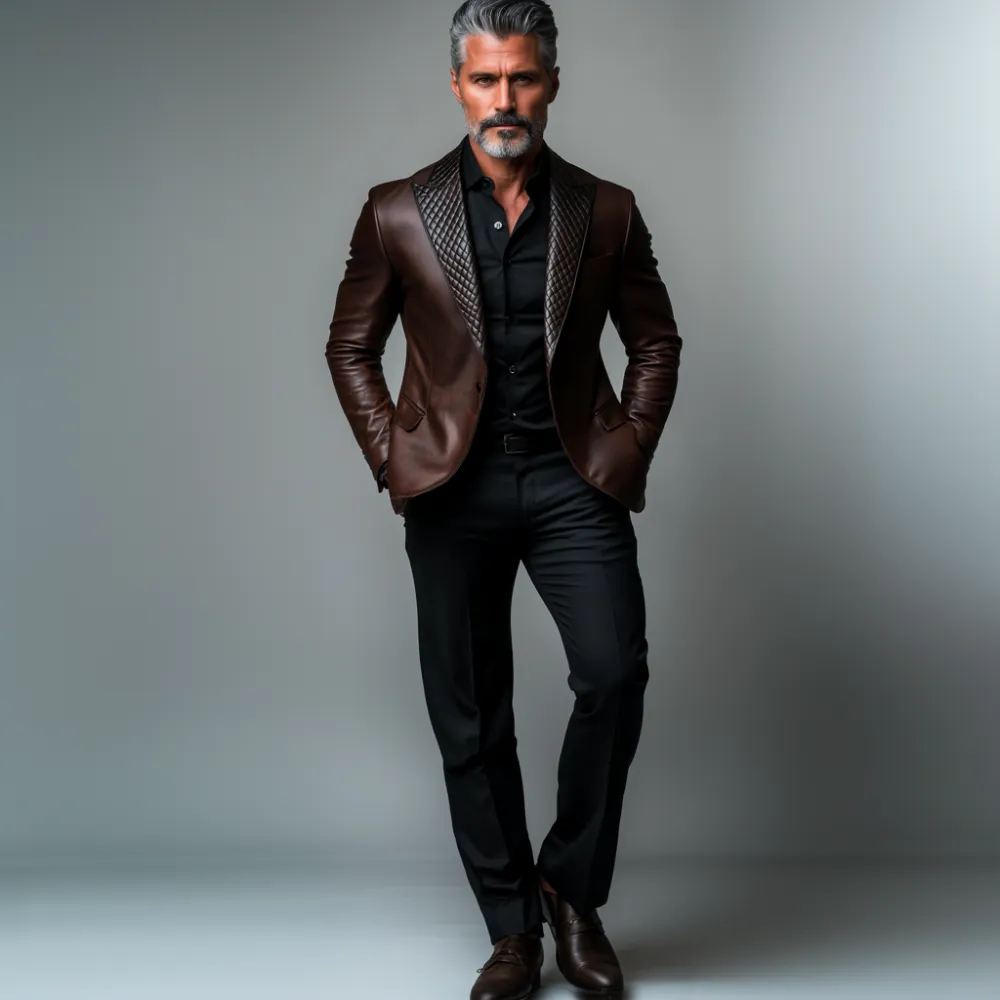 Men's Business Quilted Peak Lapel One Button Long Sleeve PU Leather Blazer