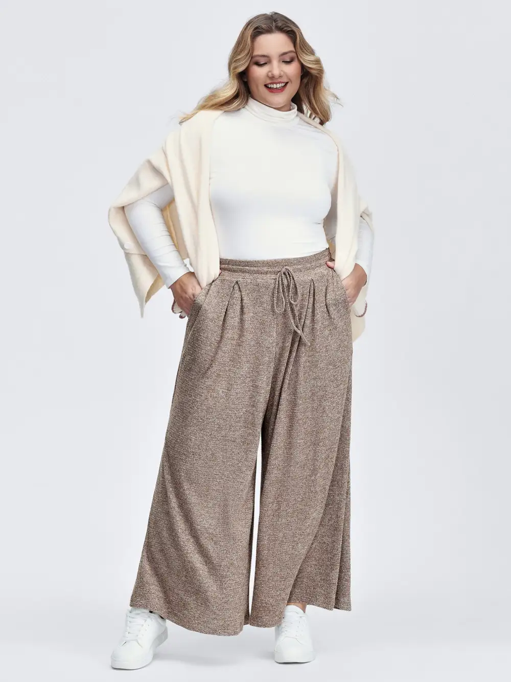Mixed Color Knit Pleated Drawstring Pants
