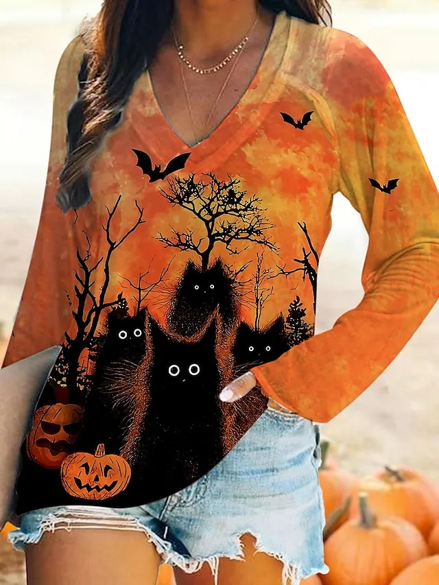 Women's T shirt Tee Burgundy Tee Halloween Shirt Cat Print Halloween Weekend Daily Basic Long Sleeve V Neck Yellow Fall & Winter