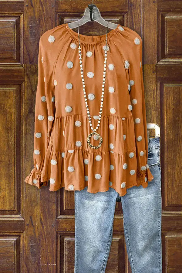 Textured Print Crew Neck Long Sleeve Ruffle Design Crinkled Blouse