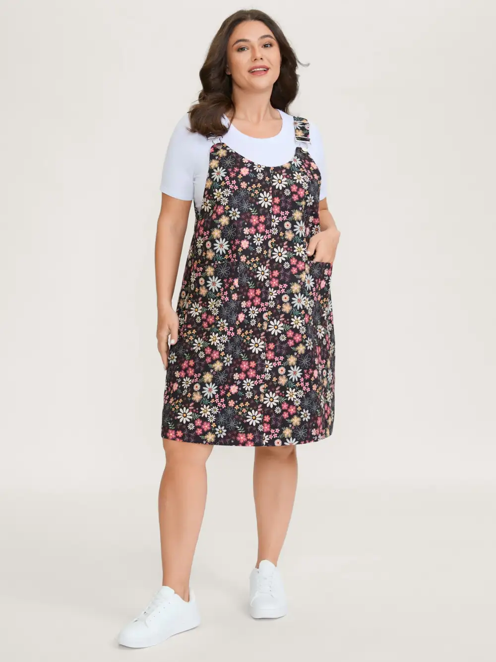 Floral Flocked Adjustable Straps Pockets Midi Dress