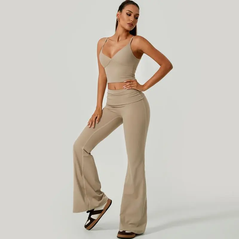 Women's 2-Piece Deep V Crop Cami & Flared Pants Set