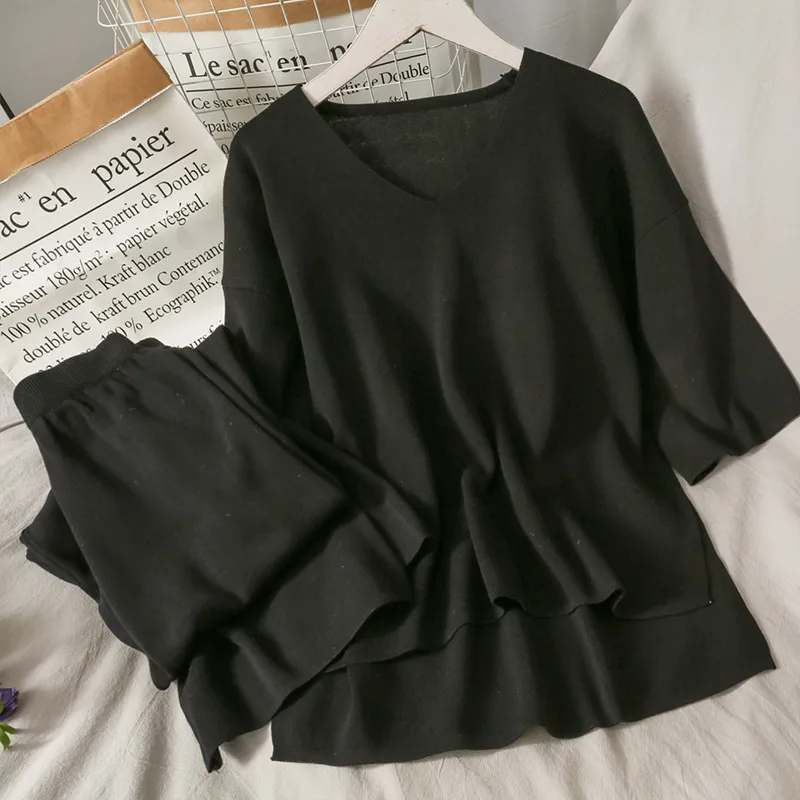 V-neck half-sleeved sweater drape wide-leg pants suit