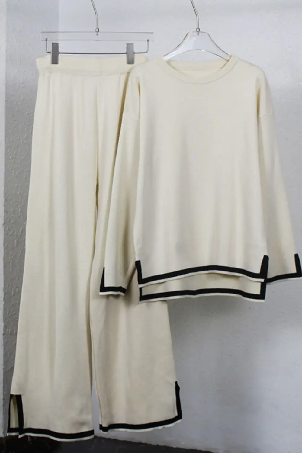 Contrast Slit Knit Top Long Pants Suits