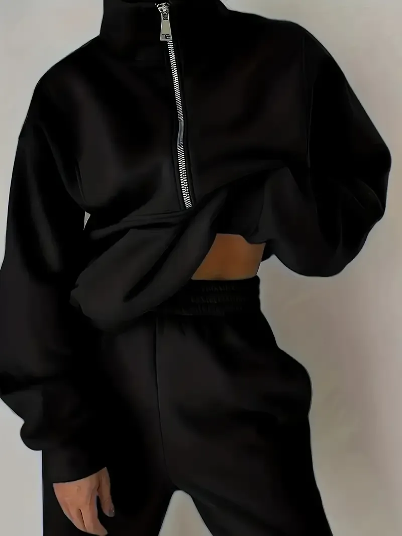 Two-Piece Solid Color Casual Outfit - High Neck Zip Front Long Sleeve Sweatshirt & Elastic Waist Pants