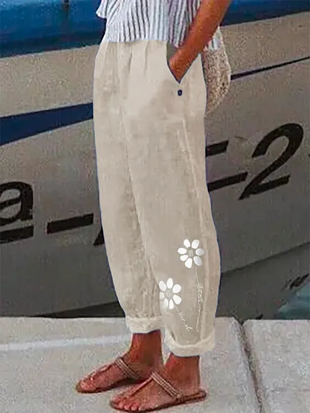 Casual FLoral Baggy Cotton Linen Cropped Pant