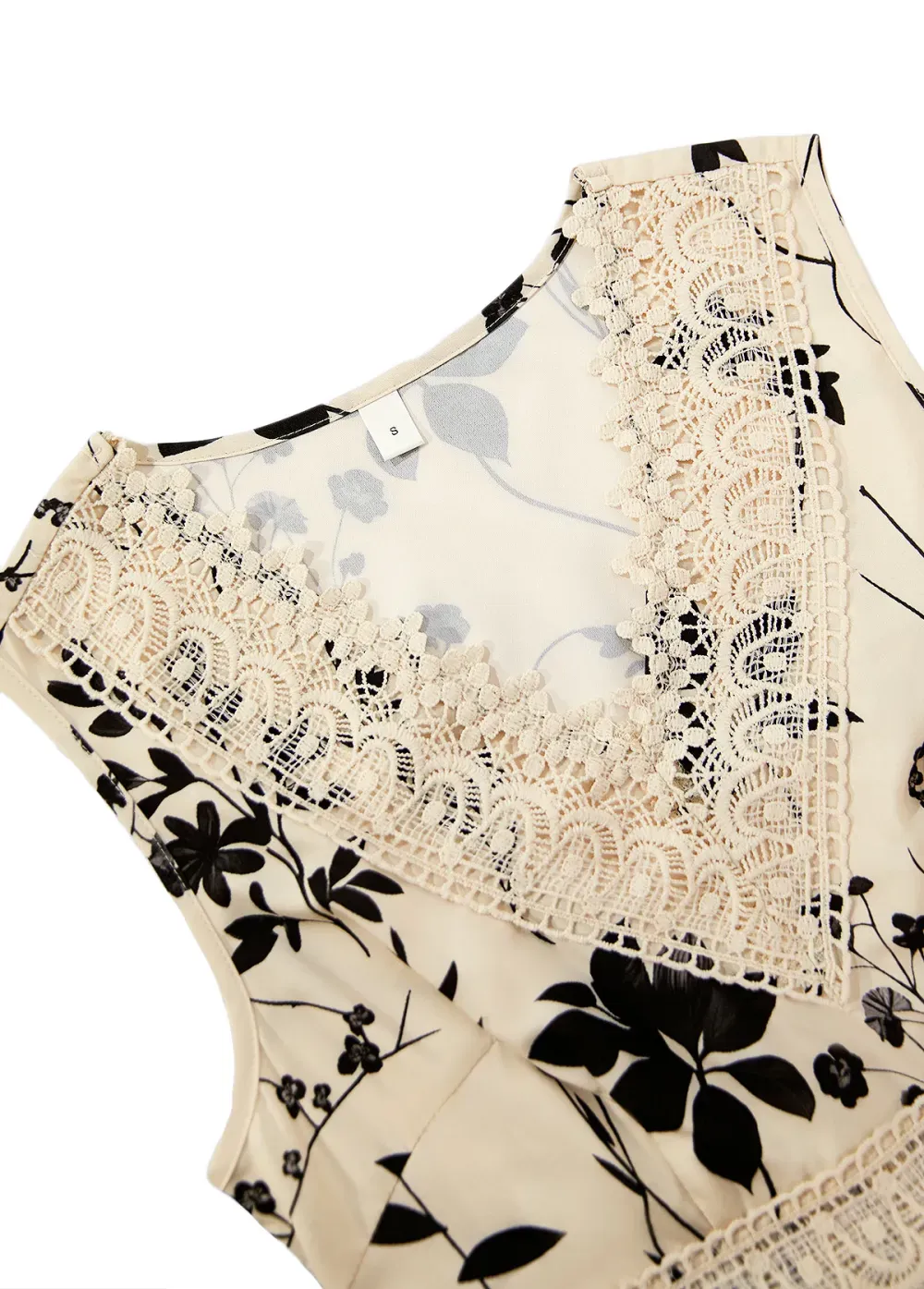 Beige Embroidery Floral Print Sleeveless V Neck Dress