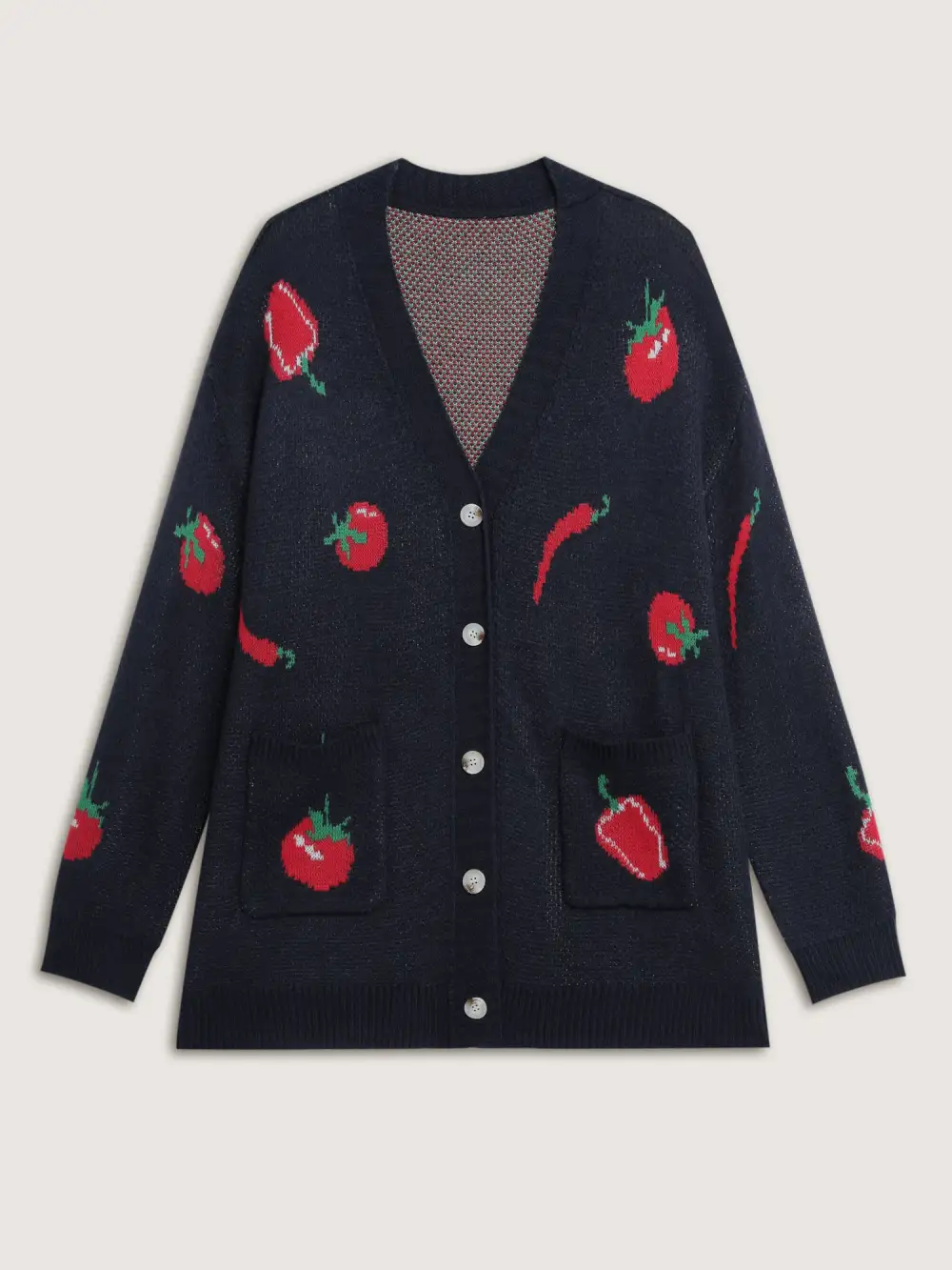 Tomato Chili Print Button Knit Cardigan