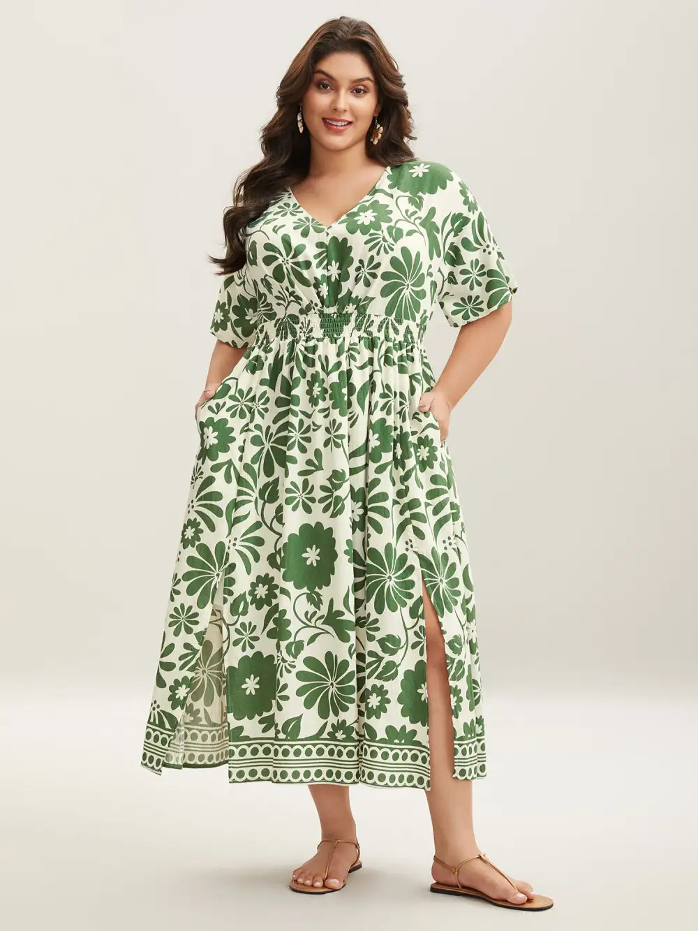 Large Floral Print Pockets Midi Dress