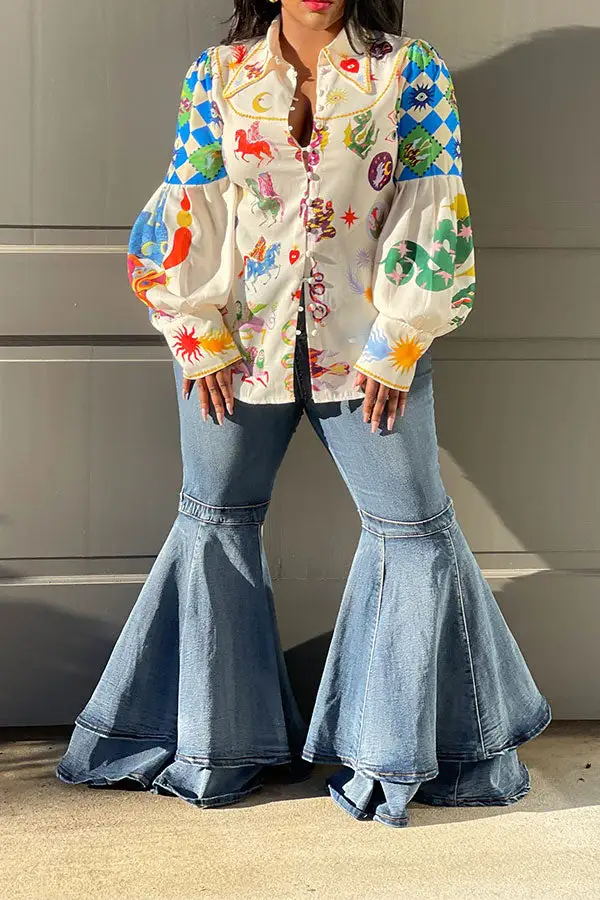 Animal Graffiti Print Retro Puff Sleeve Blouse