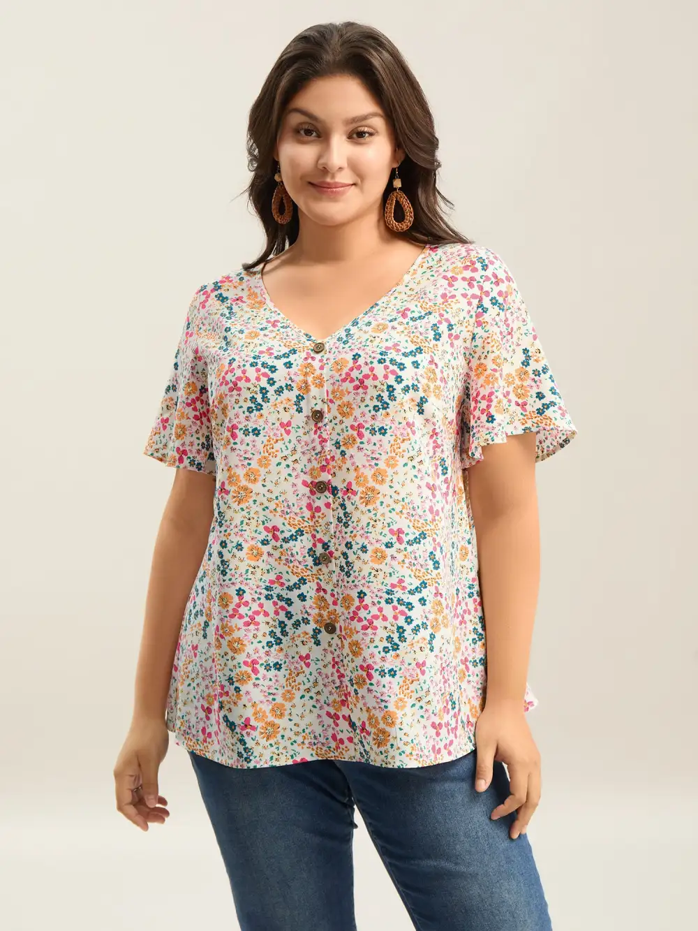 Floral Print V-Neck Flowy Blouse
