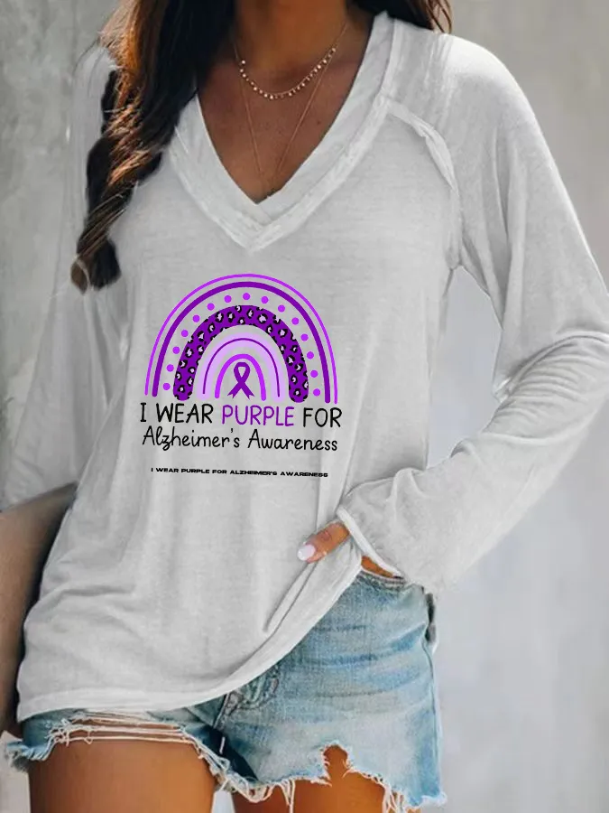 Women'S I Wear Purple For Alzheimer'S Awareness V-Neck T-Shirt
