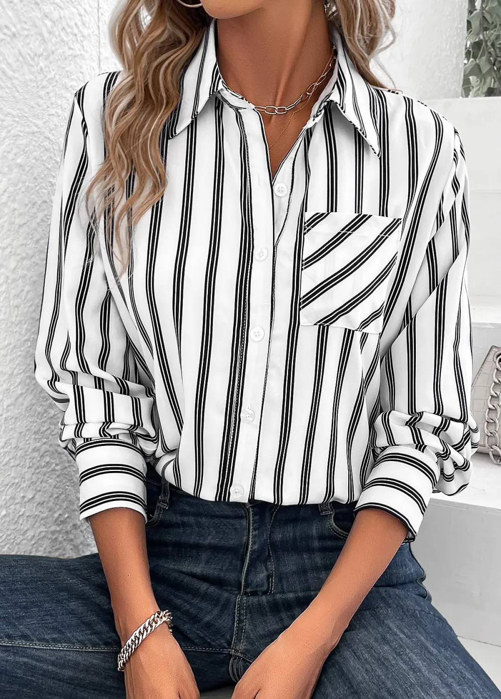 White Pocket Striped Long Sleeve Shirt Collar Blouse