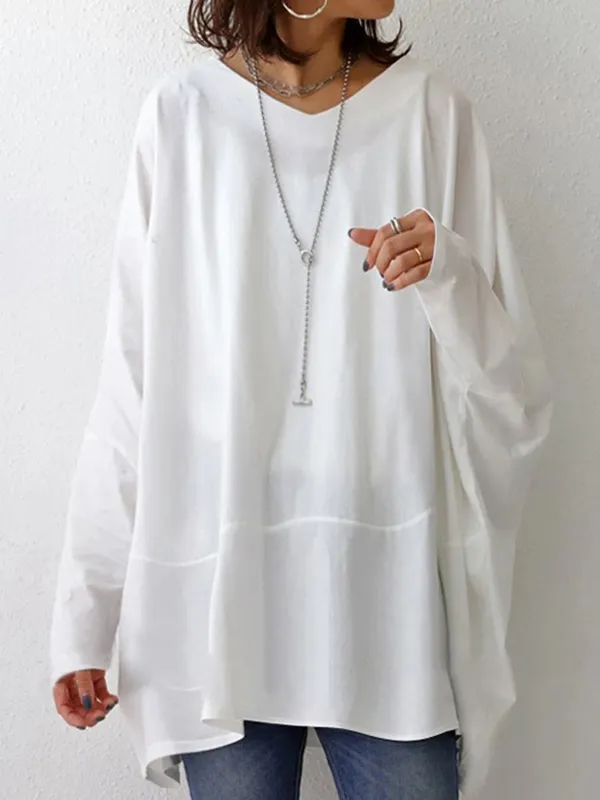 Simple Oversize Solid Color V-Neck Batwing Sleeve T-Shirts