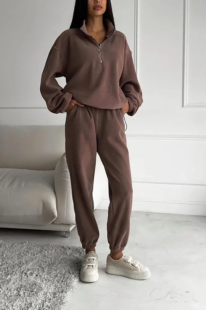 Women's Solid Color Half Collar Top & Pants Two Piece Set