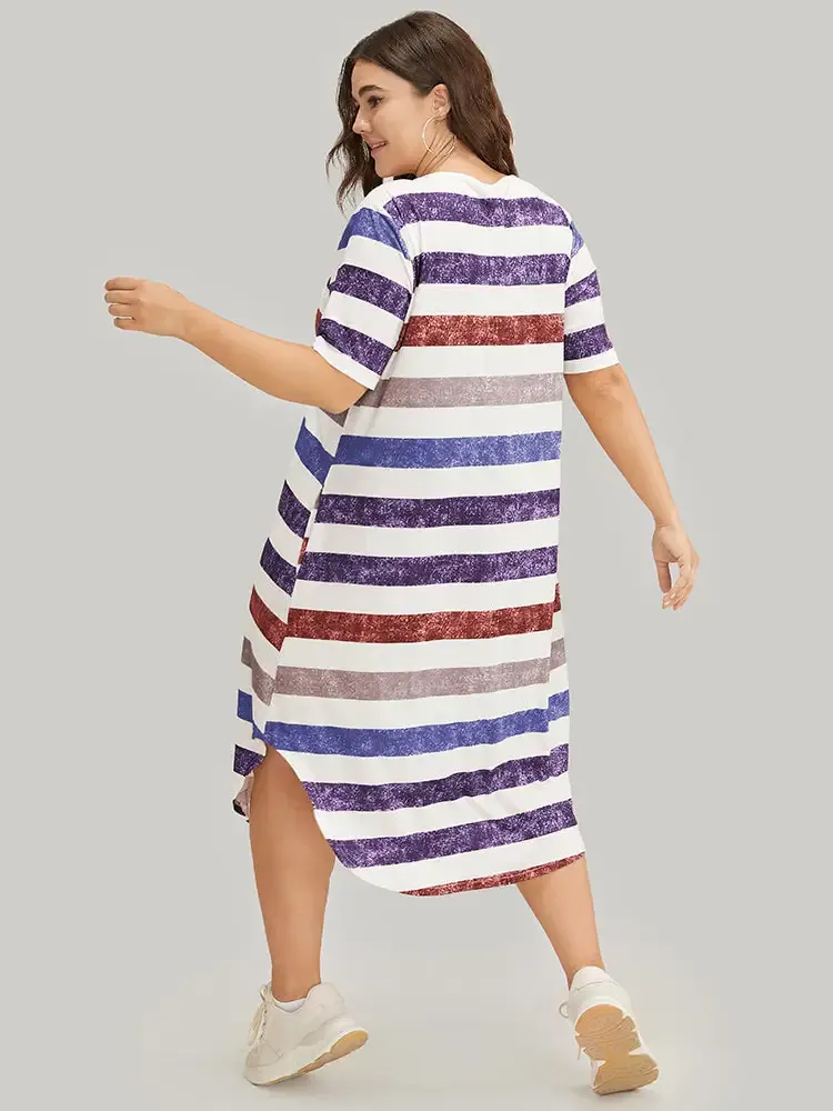 Striped Contrast Arc Hem V Neck Pocket Dress