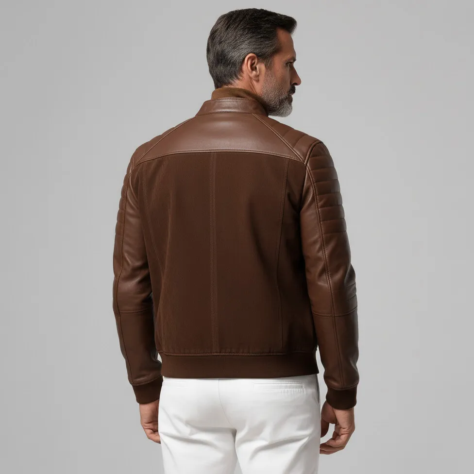 Men's Brown Stand Collar Quilted PU Leather Sleeve Patchwork Suede Zipper Pockets Jacket