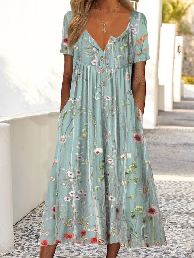 Gradient Flower Loose Long Dress Half Open Button Pocket Dress