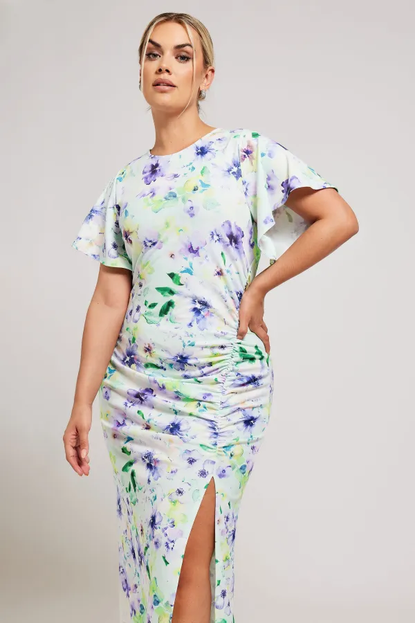 YOURS LONDON Curve Green Floral Print Gathered Dress