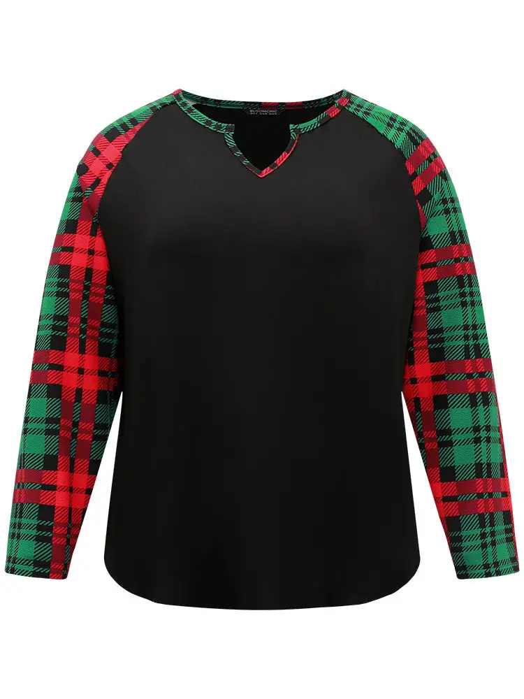 Plaid Contrast Notched Raglan Sleeve T-shirt