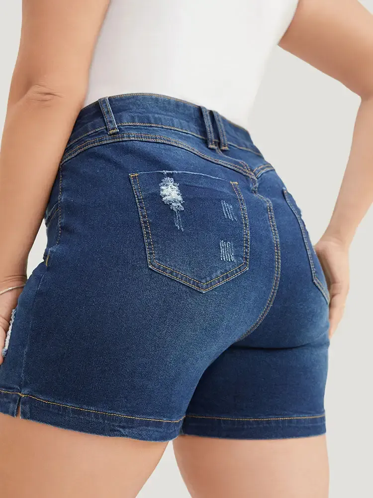 Moderately Stretchy High Rise Dark Wash Distressed Denim Shorts