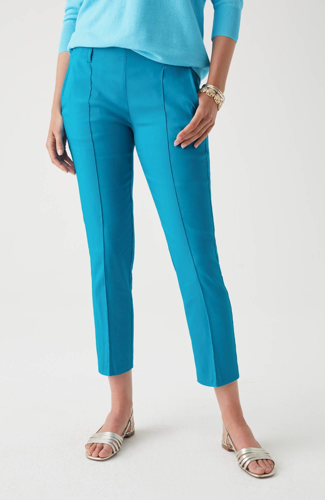 Pintucked Linen-Stretch Slim-Leg Pants