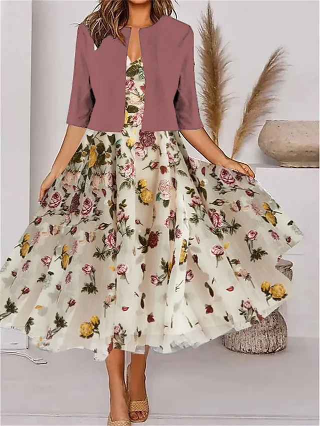 Women's Two Piece Dress Set Casual Dress Chiffon Dress Outdoor Daily Fashion Modern Print Midi Dress V Neck Half Sleeve Floral Regular Fit Red Summer Spring S M L XL XXL