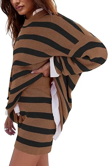 Womens Oversized Lounge Sets 2 Piece Outfits Striped Matching Pajama Set Long Sleeve Sweater Set