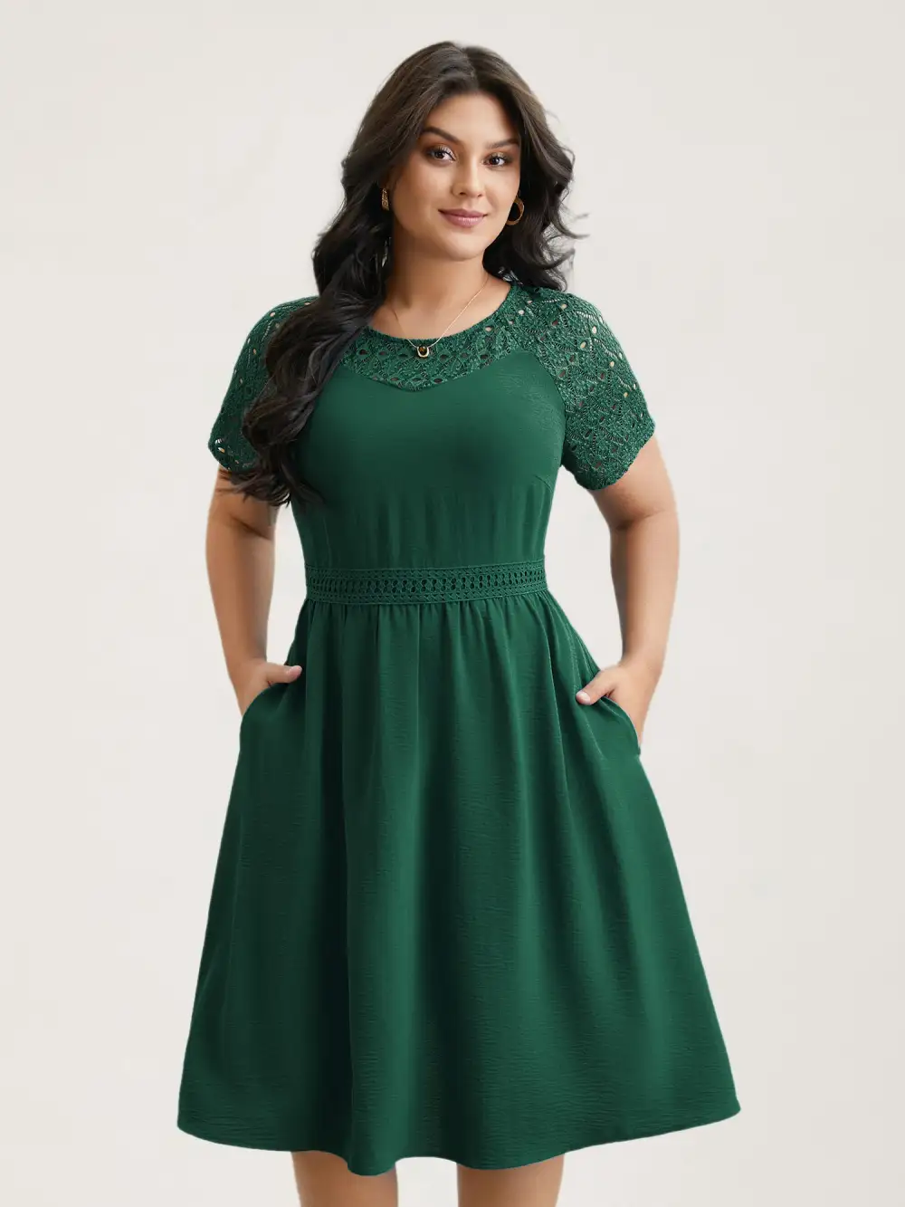 Lace Cut-Out Raglan Sleeve Pockets Midi Dress