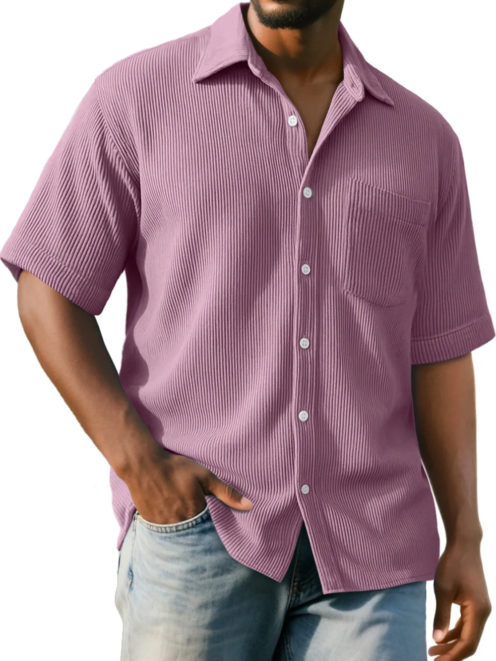 Men's Daily Ribbed Pocket Casual Comfort Solid Color Short Sleeve Shirt