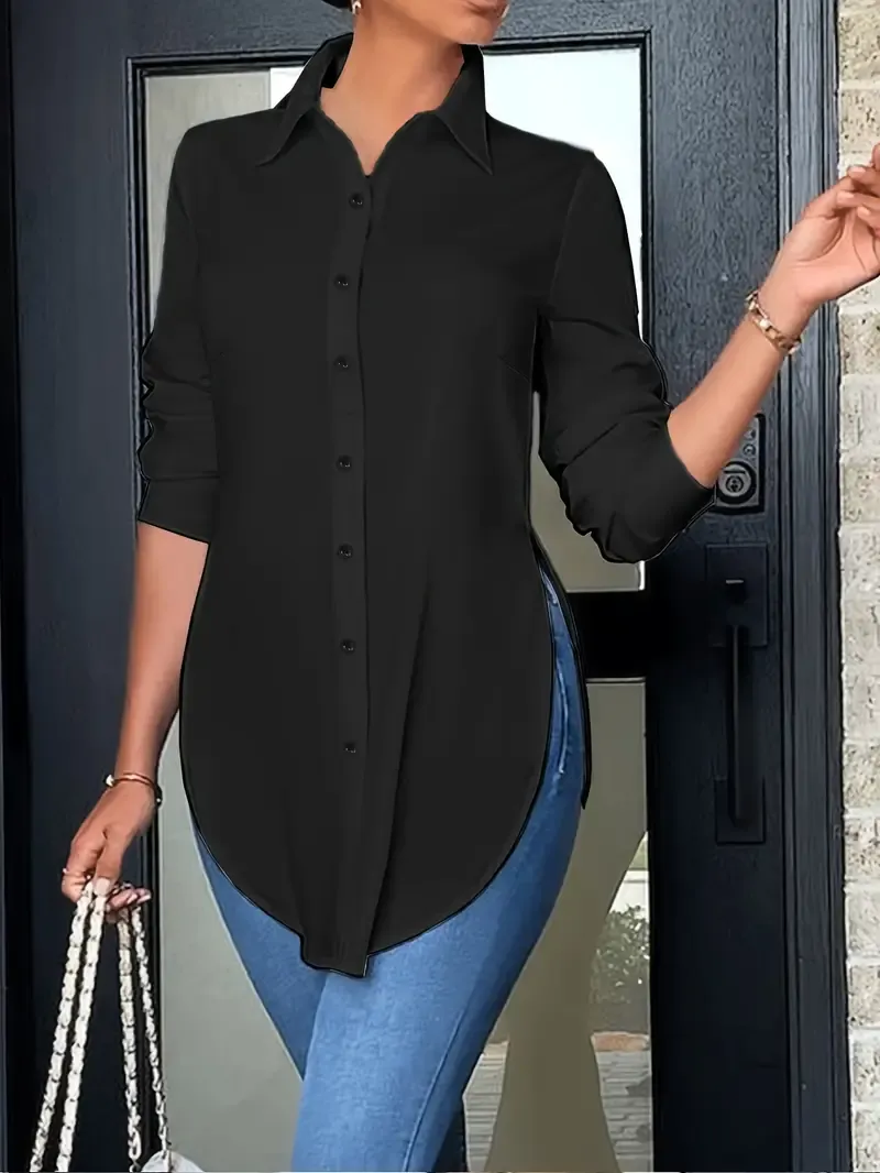 Women's Long Sleeve Shirt - Split Button Front, Casual Curved Hem
