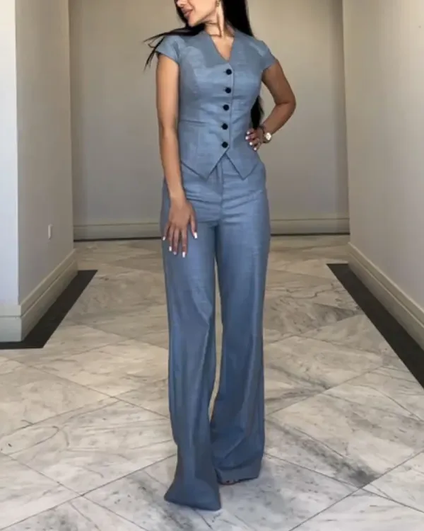 Fashion Commuter V-Neck Top & Pants Two-Piece Set